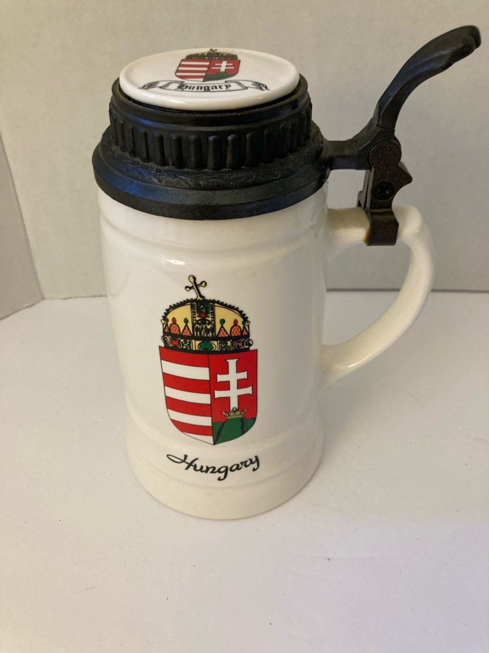 Vintage White Hungary Ceramic Beer Stein with Pewter Lid made in Budapest